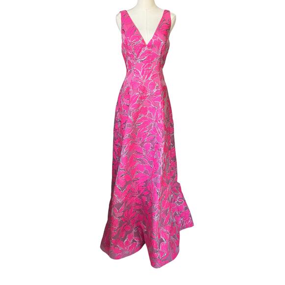 NEW Monique Lhuillier Floral Metallic Gown Maxi Dress Pink Size‎ 4 - Picture 1 of 9